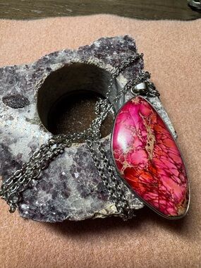 Pink Magenta Stone Pendant on long Lia Sophia chain